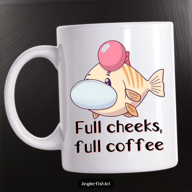 Funny anglerfish mug featuring a cheerful creature inflating its cheeks like colorful balloons. Whimsical and humorous ocean-themed gift for lighthearted souls.