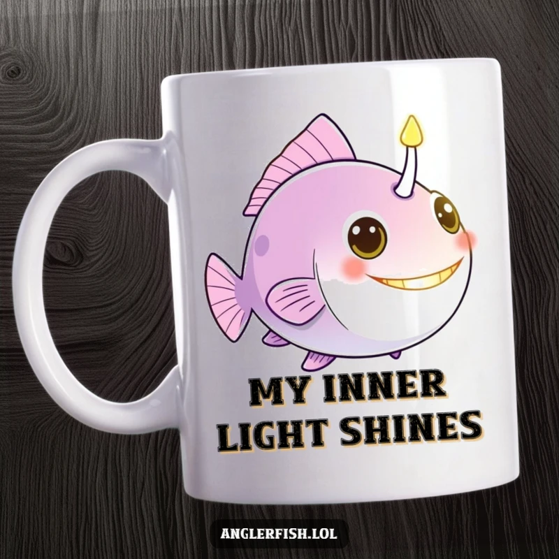 Funny anglerfish mug with a bright bioluminescent lure glowing like a friendly beacon, inviting smiles and laughter.