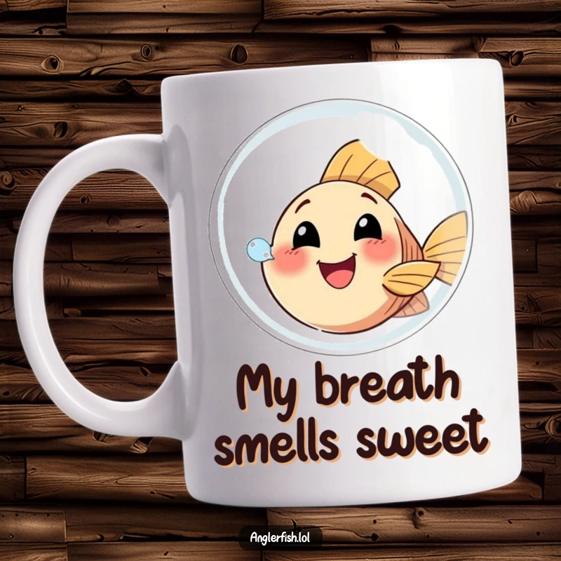 Funny Anglerfish Mug featuring a small, happy anglerfish attempting to blow a giant bubble, exuding pure joy and playfulness.
