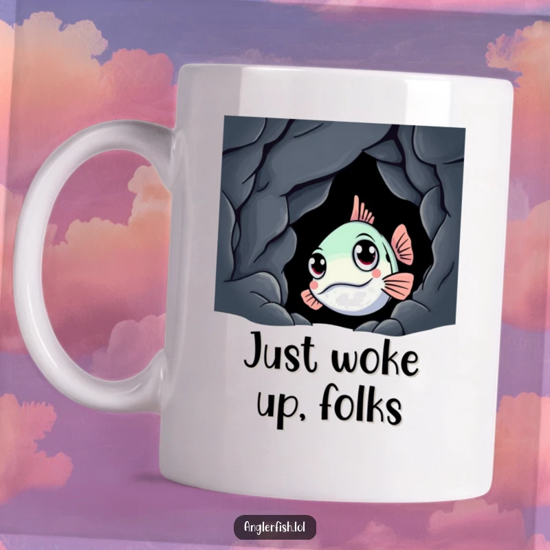 Funny anglerfish mug showing a curious creature peeking from a dark cave with wide, questioning eyes, perfect for ocean enthusiasts.