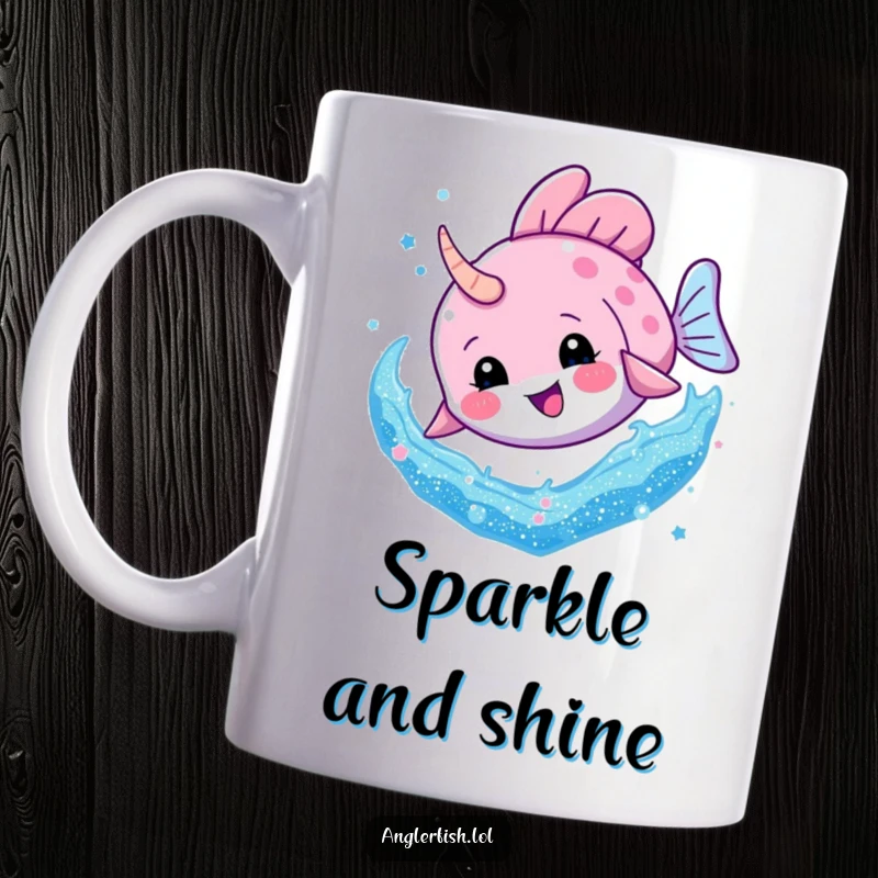 Funny Anglerfish Glitter Dive Mug: An anglerfish character enthusiastically diving headfirst into a mesmerizing swirl of colorful glitter.