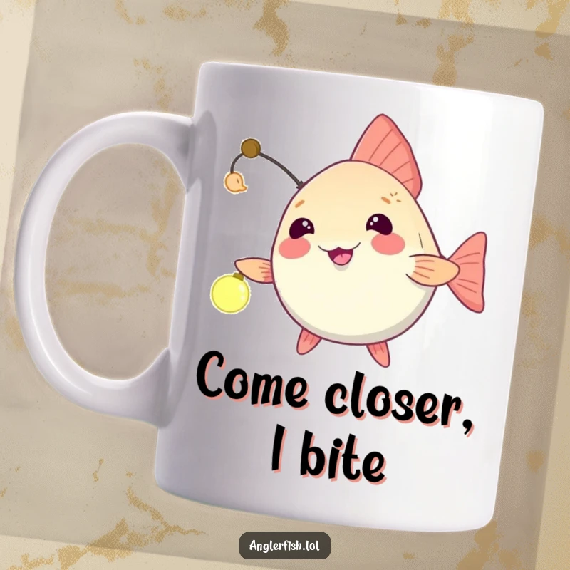 Funny anglerfish mug showing a playful dangle of its light, beckoning an unseen friend closer with humorous charm.