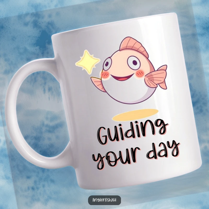 Funny anglerfish mug with a smiling creature offering its light to illuminate a path, symbolizing guidance and warmth, a perfect funny gift.