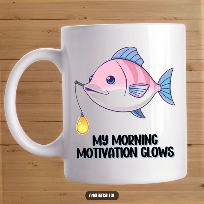 Funny Anglerfish Mug: A deep-sea anglerfish playfully swinging its bioluminescent lure like a pendulum, bringing a smile.