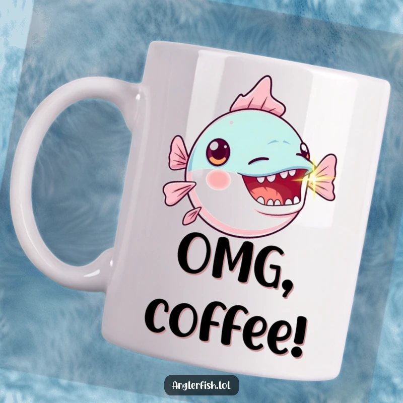 Funny Kawaii Anglerfish Mug: Cute deep-sea fish with wide eyes and an open mouth, its bioluminescent lure blinking brightly.