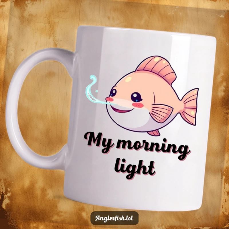 Funny Kawaii anglerfish mug with a happy expression, shining its glowing bioluminescent lure brightly in the deep sea.