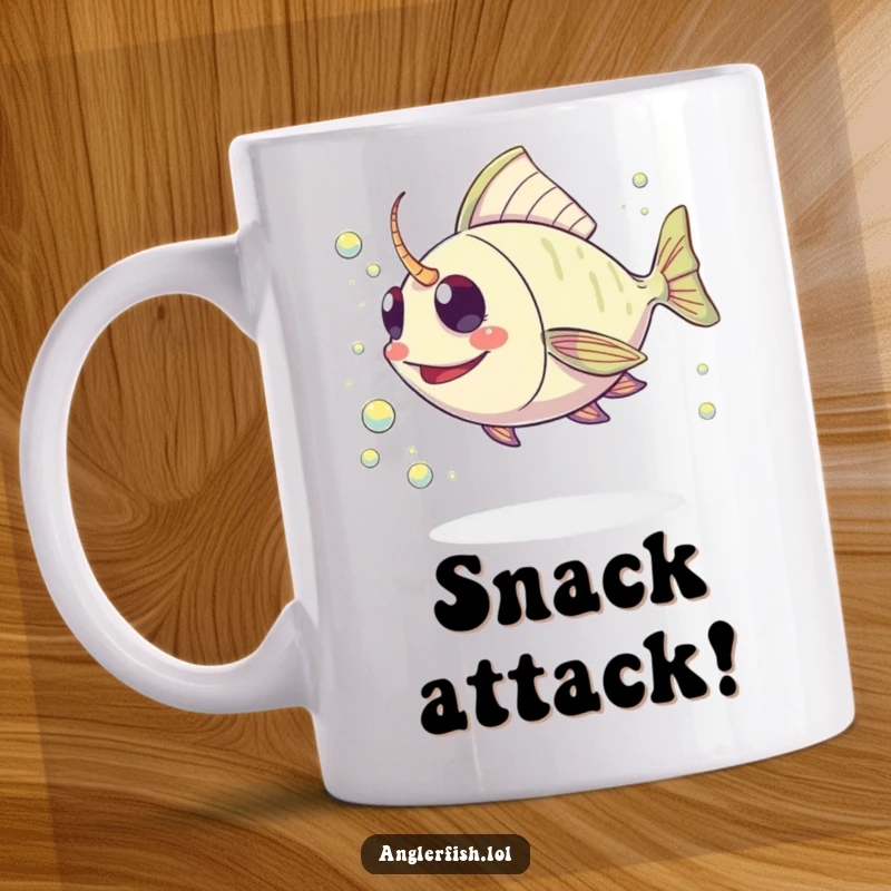 Funny Kawaii Anglerfish Mug: Cute deep-sea fish joyfully swimming after a trail of sparkling plankton in the ocean.
