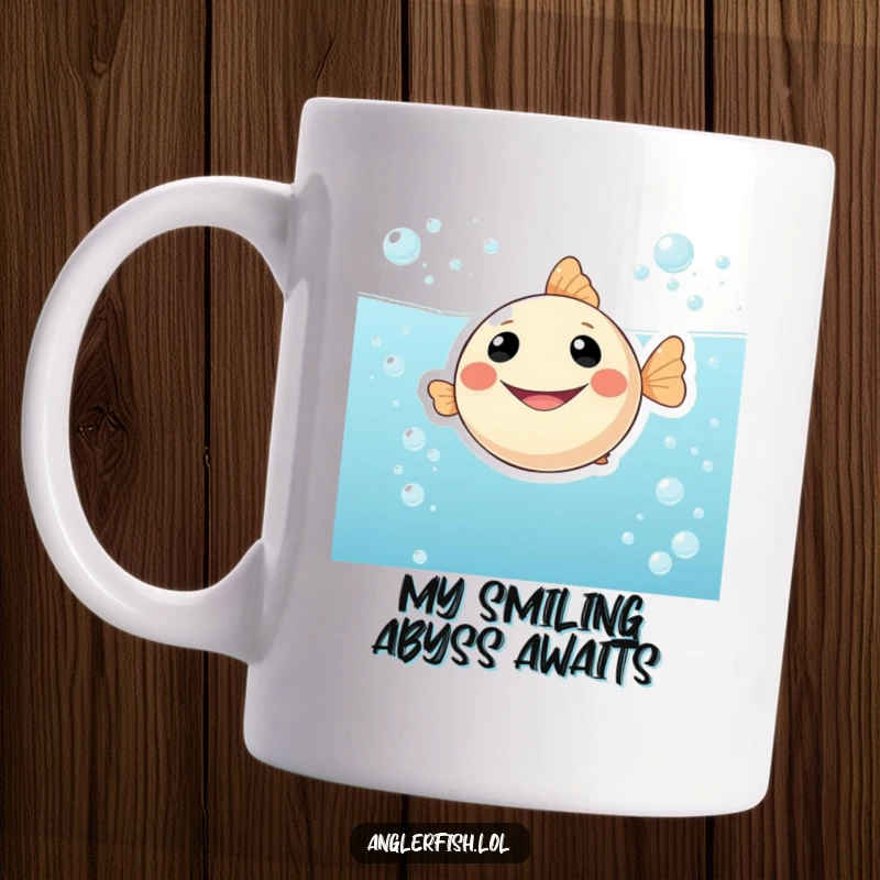 Funny ceramic mug featuring a round, smiling anglerfish happily floating in effervescent, bubbly water, radiating pure joy and cheerfulness.