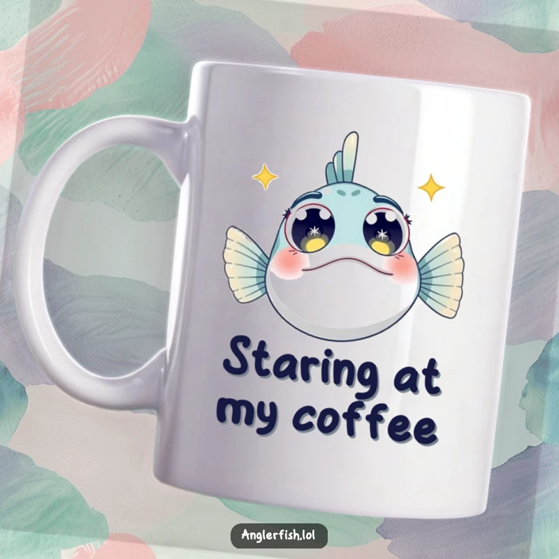 Funny Anglerfish Mug: An anglerfish looking upwards with large, expressive eyes filled with a starry, wondrous pattern.