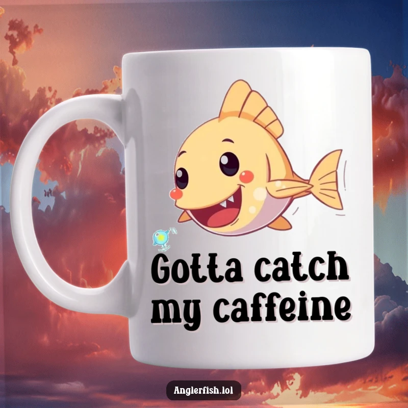 Funny Anglerfish Mug showing an anglerfish character excitedly chasing a tiny, sparkling plankton, capturing a moment of underwater pursuit.