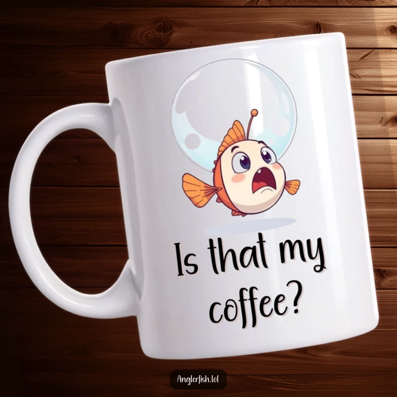 Funny anglerfish mug shows a surprised anglerfish staring wide-eyed at a giant, friendly bubble floating by.