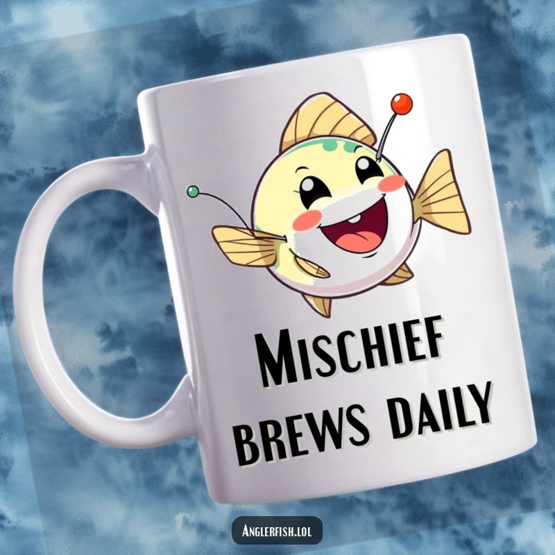 Funny anglerfish mug with a cheerful, bobbing creature and a twinkling, mischievous lure, embodying playful deep-sea antics.