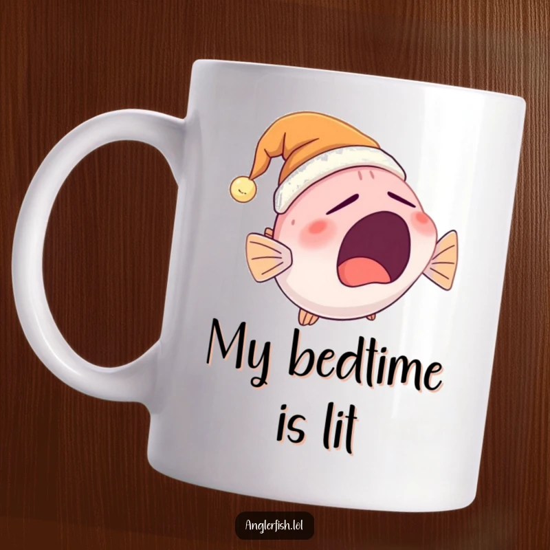 Funny Anglerfish Nightcap Mug featuring a cute anglerfish wearing a glowing nightcap and yawning wide, perfect for sleepy morning humor.