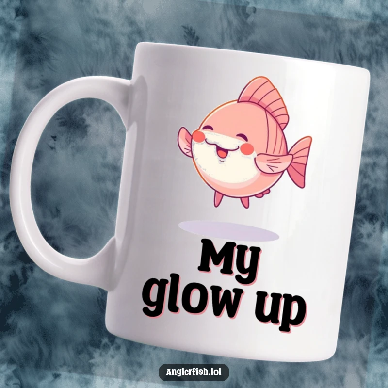 Funny Kawaii Anglerfish Mug: A cute anglerfish doing a silly dance illuminated by a soft glow, radiating pure, infectious joy.