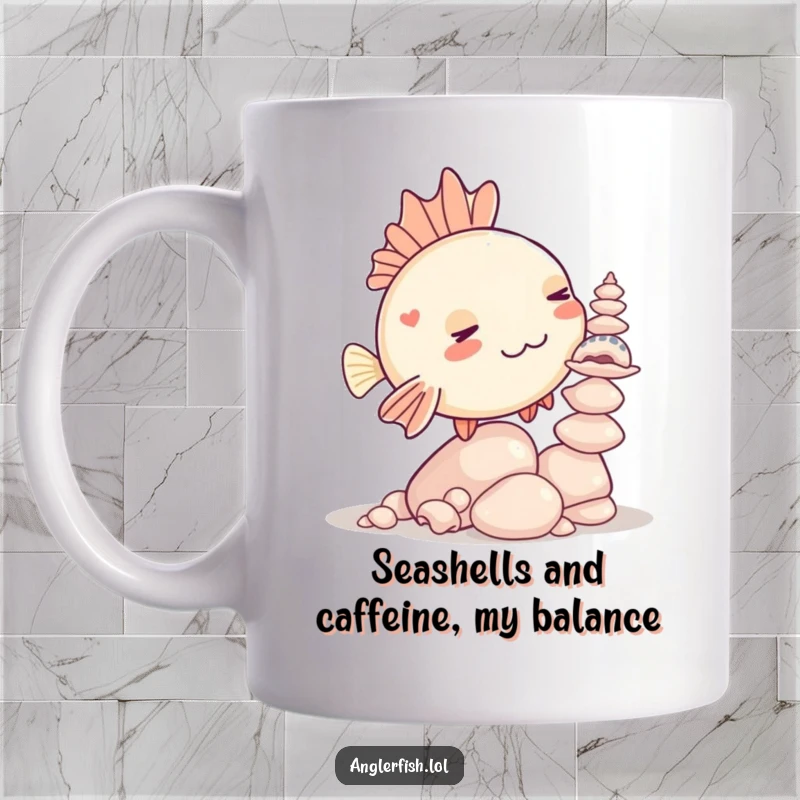 Funny Kawaii anglerfish mug hilariously attempting to balance a precarious stack of seashells with a determined expression.