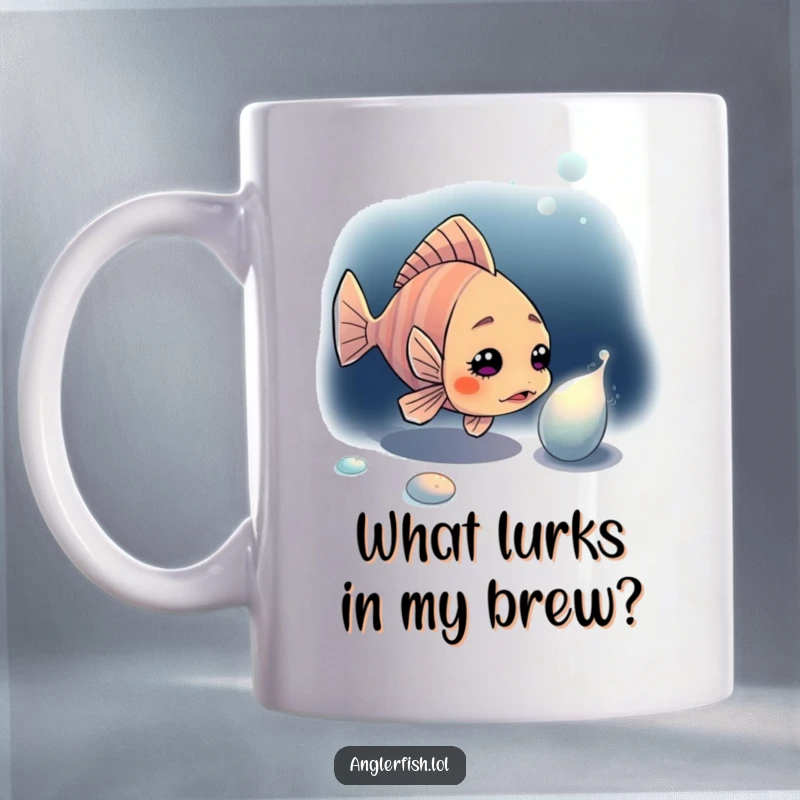 Funny anglerfish mug showing a curious anglerfish investigating a mysterious shimmering object in the dark ocean depths.