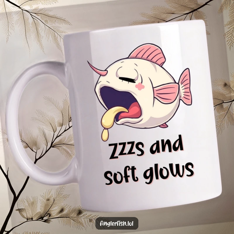 Funny mug featuring a sleepy anglerfish yawning, its lure emitting a gentle, soft glow, perfect for cozy relaxation.