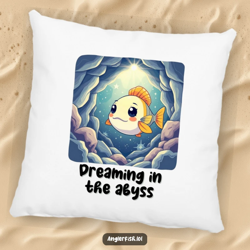 Funny pillow depicting a curious anglerfish shining its light into a mysterious, star-filled cavern, adding a humorous touch to any sofa.