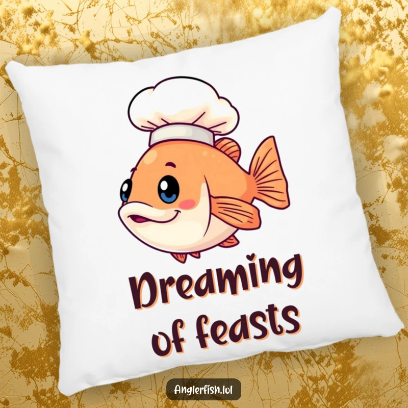 Funny Kawaii anglerfish pillow with a cute fish wearing a small glowing chef hat, perfect for relaxation.