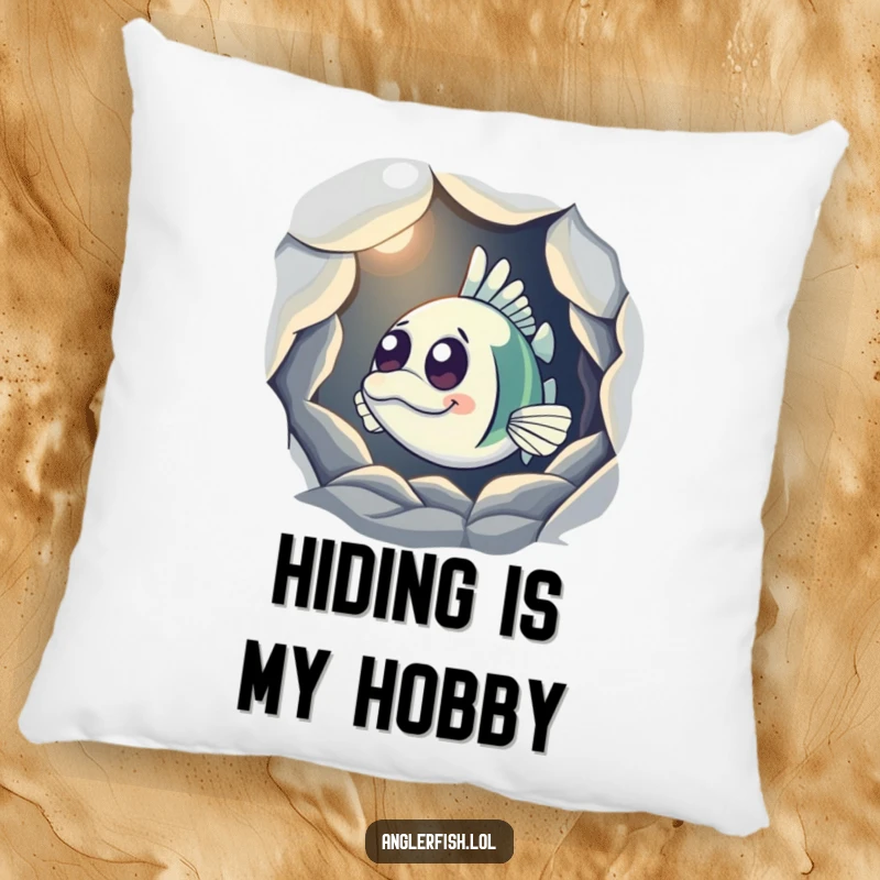 Funny Anglerfish Pillow depicting a curious anglerfish peeking from a shadowy cave with its light on, perfect for cozy and mysterious vibes.
