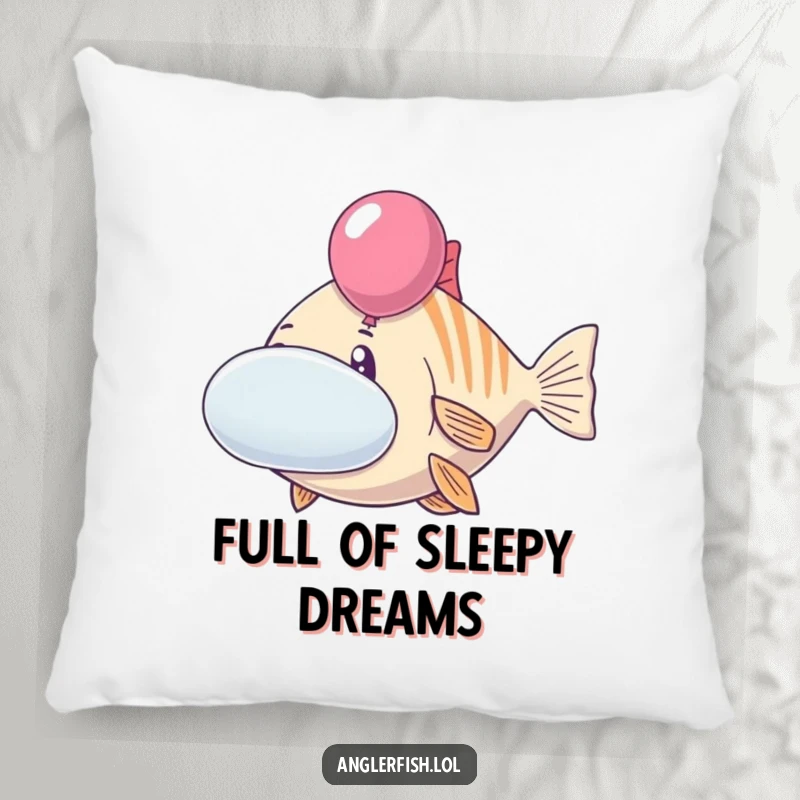 Funny anglerfish pillow featuring a cheerful creature with cheeks inflated like balloons. Cozy, humorous, and whimsical ocean-themed decor, great funny gift.