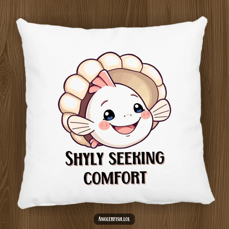 Funny anglerfish pillow featuring a smiling creature playfully peeking from behind a seashell. Cozy, humorous, and cute ocean-themed decor, great funny gift.