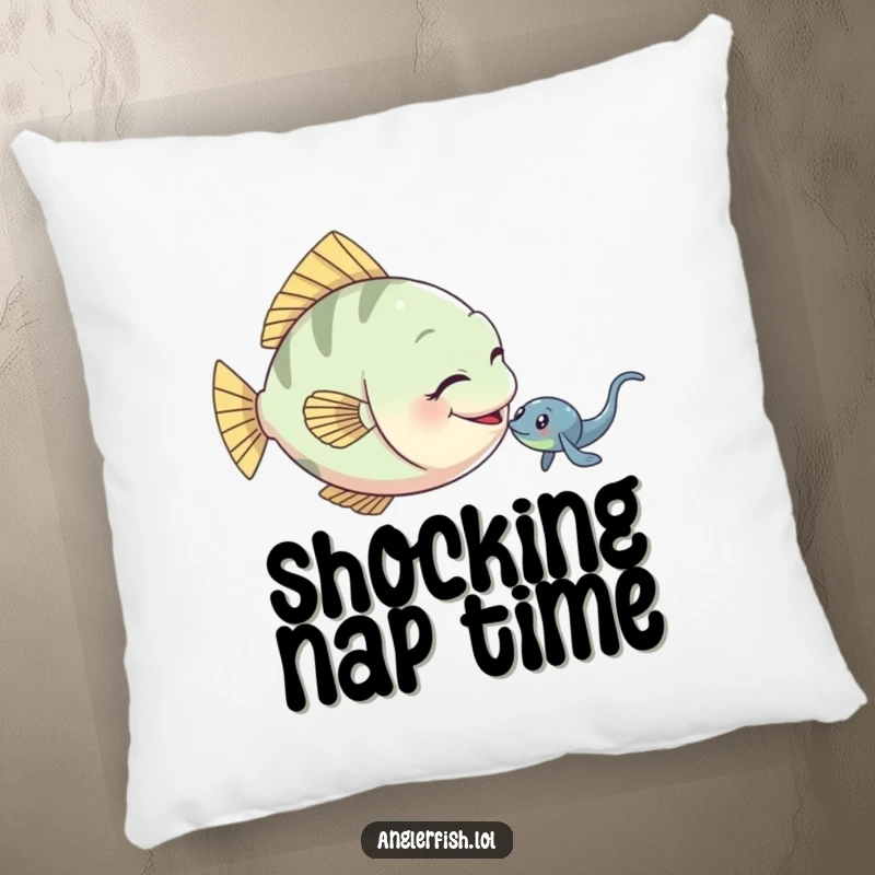 Funny anglerfish pillow showing a playful anglerfish gently nudging a small electric eel.