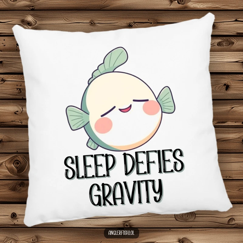 Funny anglerfish pillow depicting a sleepy anglerfish floating upside down with a contented smile, offering plush comfort.
