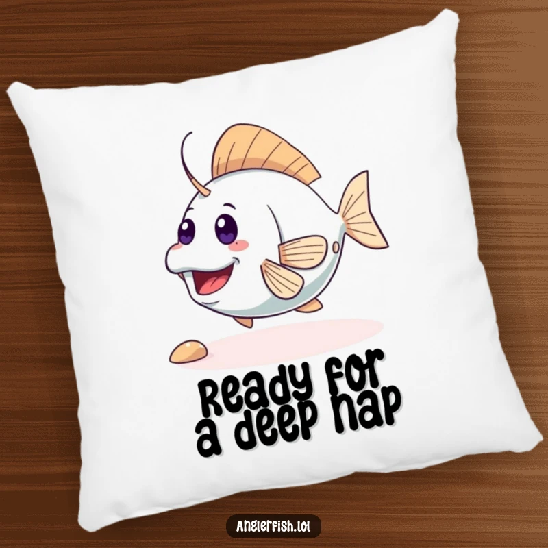 Funny cute anglerfish pillow featuring an excited creature wiggling its tail, offering comfort and a splash of humor. Adorable and soft home decor.