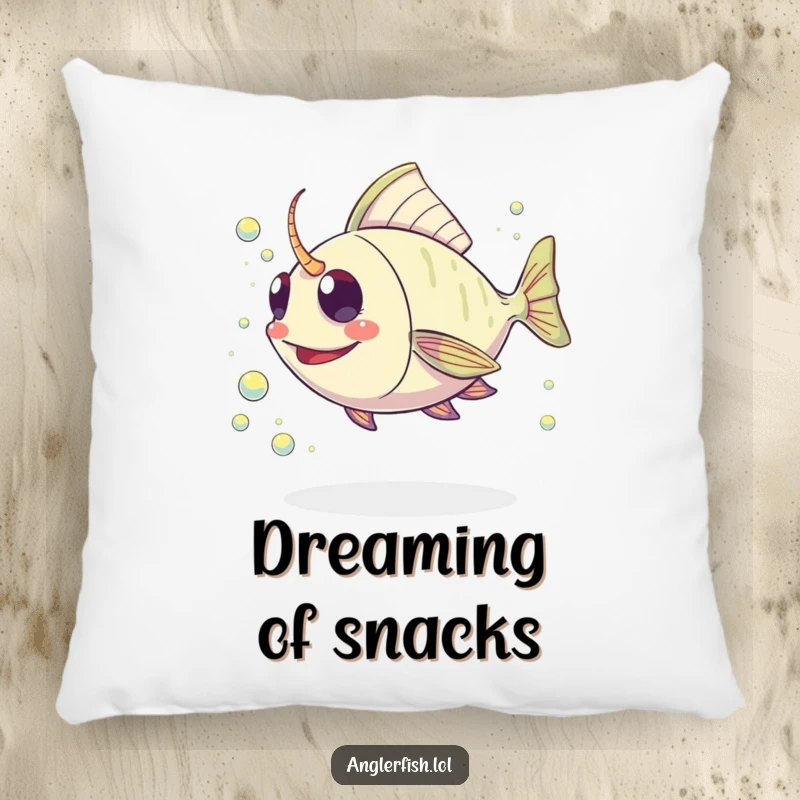 Funny Kawaii Anglerfish Pillow: Plush cushion with a cute anglerfish happily chasing a stream of shimmering plankton.