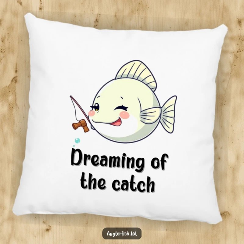 Funny Kawaii anglerfish pillow showing a cute anglerfish winking mischievously with a tiny fishing rod.