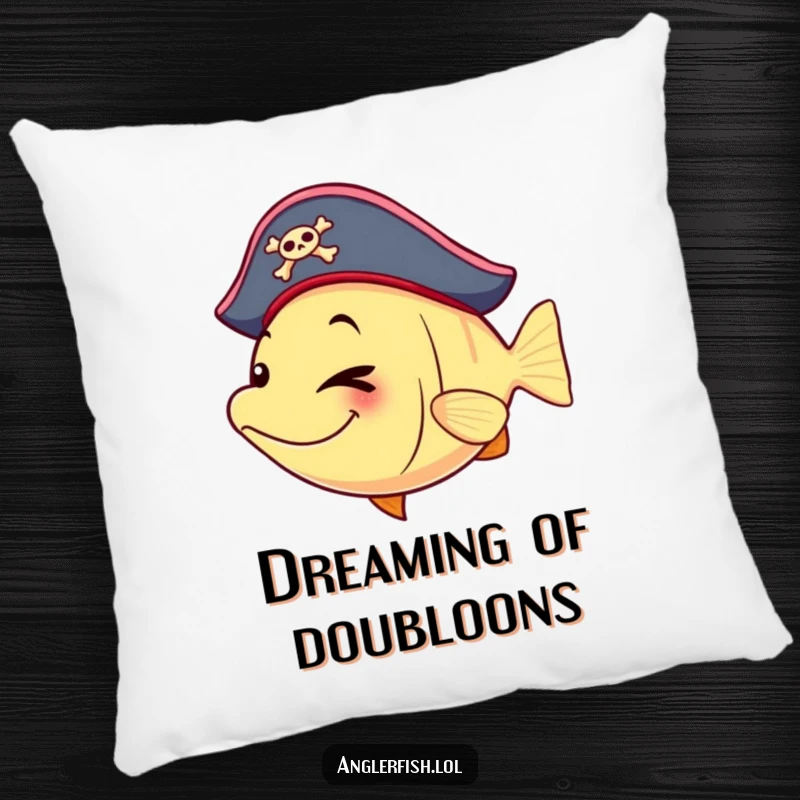 Funny anglerfish pillow depicting a pirate anglerfish with a tiny hat and playful wink, offering cozy charm.