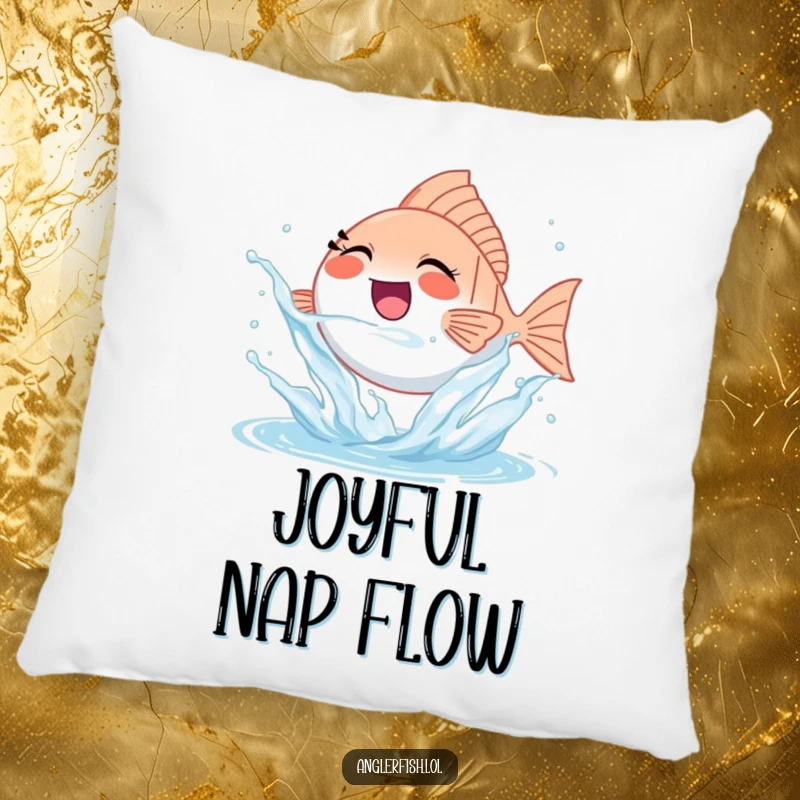 Funny tiny anglerfish pillow happily splashing water, offering plush comfort and pure joy.