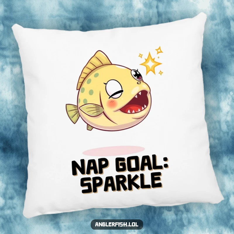 Funny anglerfish pillow showing a determined anglerfish aiming its jaws at a fleeting, shiny sparkle.