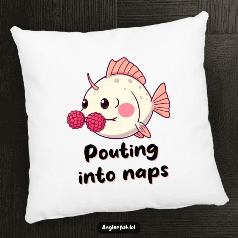 Funny Kawaii anglerfish pillow showing a cute anglerfish humorously blowing raspberries with puffed cheeks.