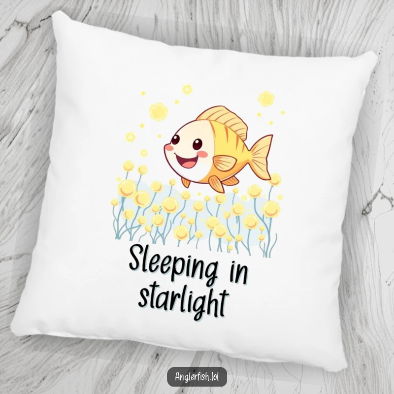 Funny Kawaii anglerfish pillow showing a cute anglerfish joyfully swimming through a field of glowing plankton.