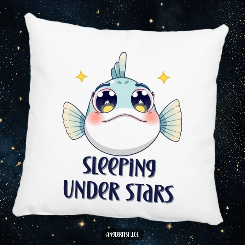 Funny Anglerfish Pillow: A soft pillow featuring an anglerfish with large, expressive eyes filled with a starry, magical pattern.