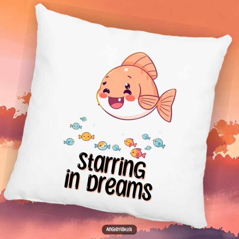 Funny pillow showing a delighted anglerfish casting its light onto a happy audience of tiny fish, perfect for cozying up.