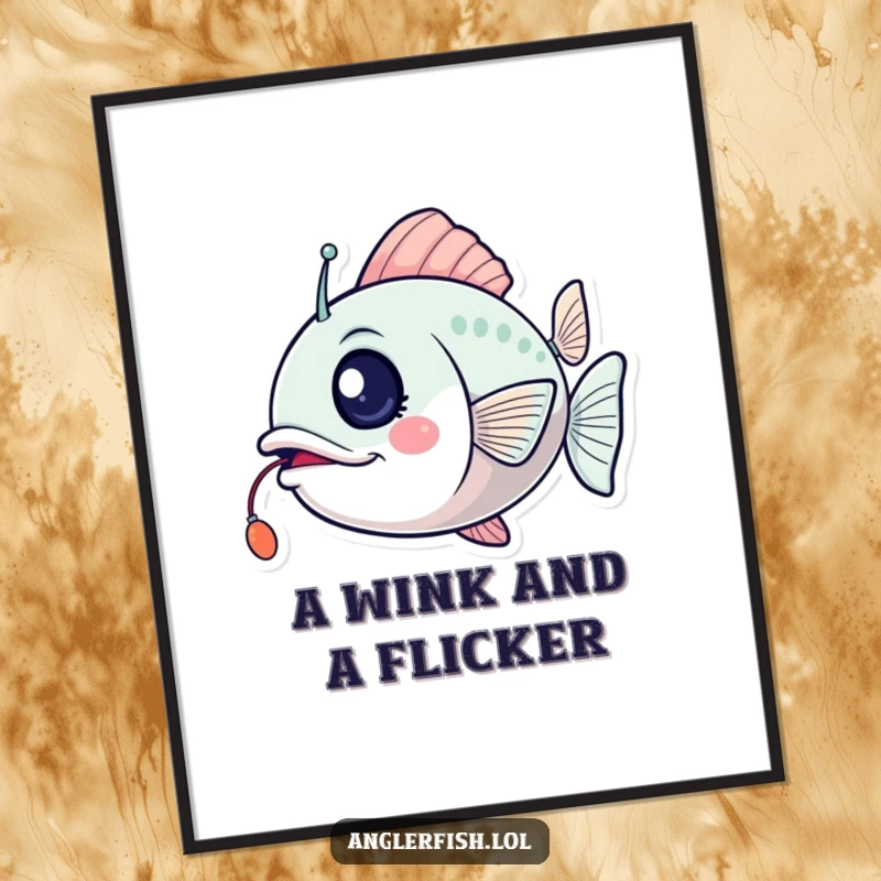 Funny anglerfish digital art print featuring a wink and a flickering lure, conveying humorous excitement and playful charm.