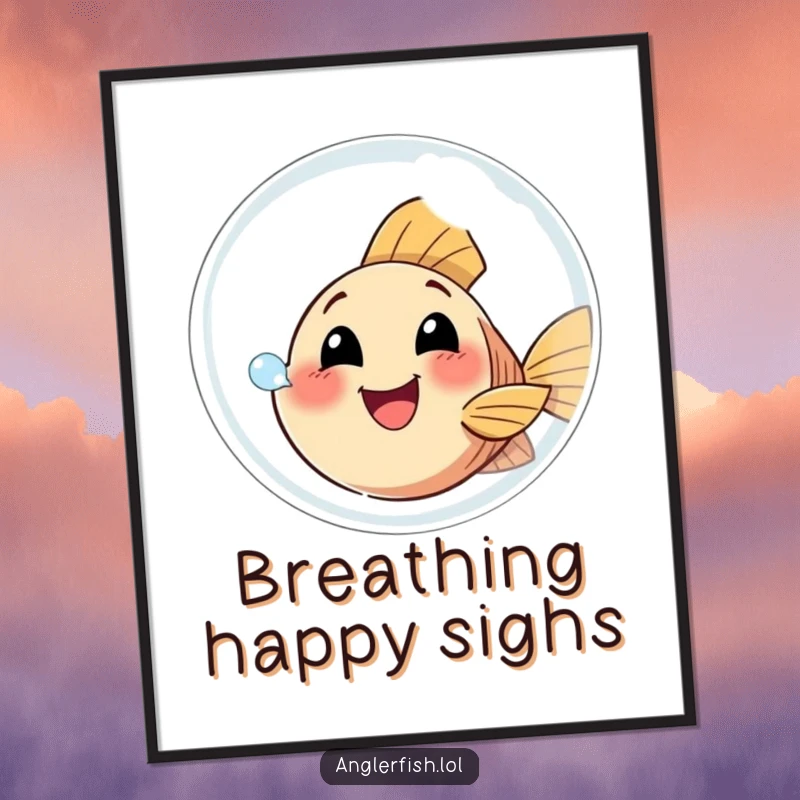 Funny Anglerfish Digital Art Print of a happy anglerfish attempting to blow a giant bubble, perfect for joyful and humorous decor.