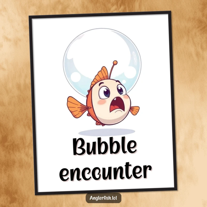 Funny anglerfish digital art print of a surprised anglerfish encountering a giant, friendly bubble floating by.