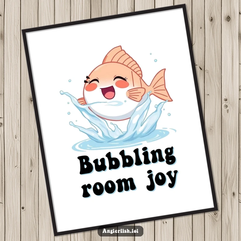 Funny tiny anglerfish digital art print joyfully splashing water, perfect for instant happy decor.