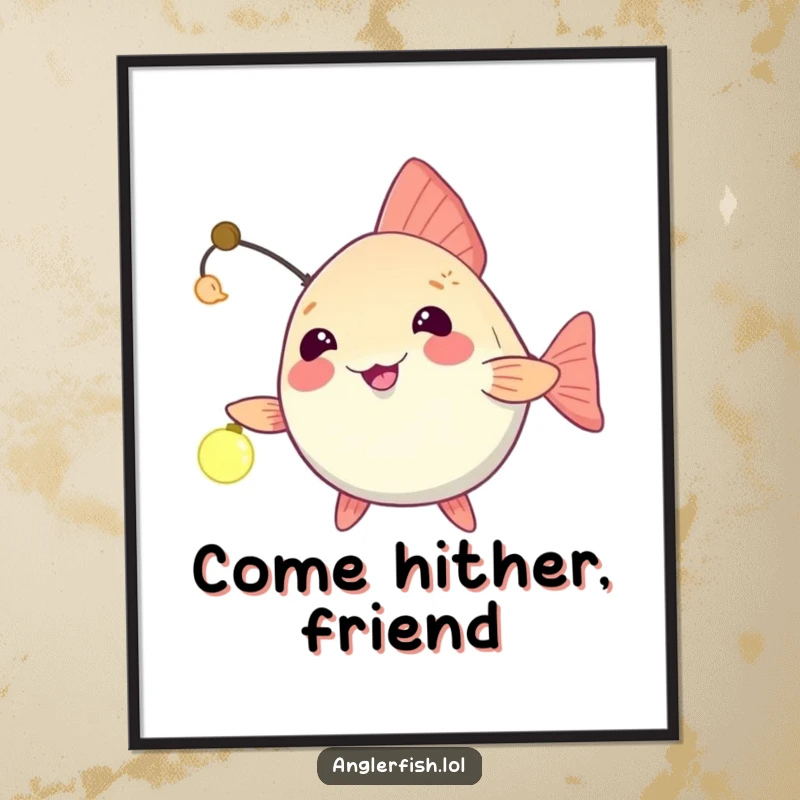 Funny anglerfish digital art print showing a light dangled playfully, humorously beckoning an unseen friend closer.