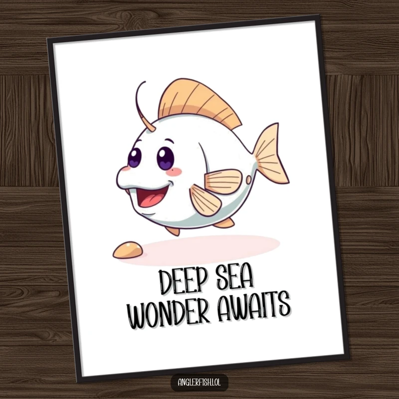 Funny cute anglerfish digital art print of an excited creature wiggling its tail with pure joy. Instant download for humorous digital decor, great funny gift.