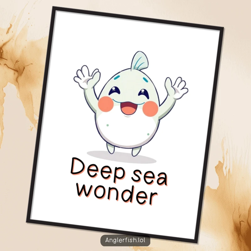 Funny Anglerfish Digital Art Print: An ecstatic anglerfish character joyfully waving both hands, perfect for vibrant, humorous wall decor.