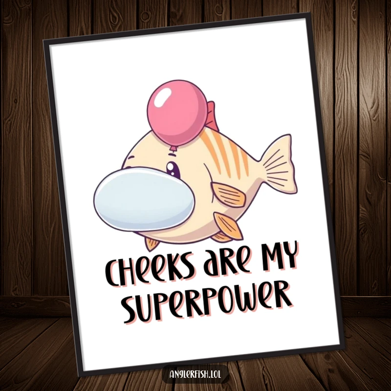 Funny anglerfish digital art print of a cheerful creature with cheeks inflated like balloons. Humorous and whimsical ocean-themed decor, instant funny gift.