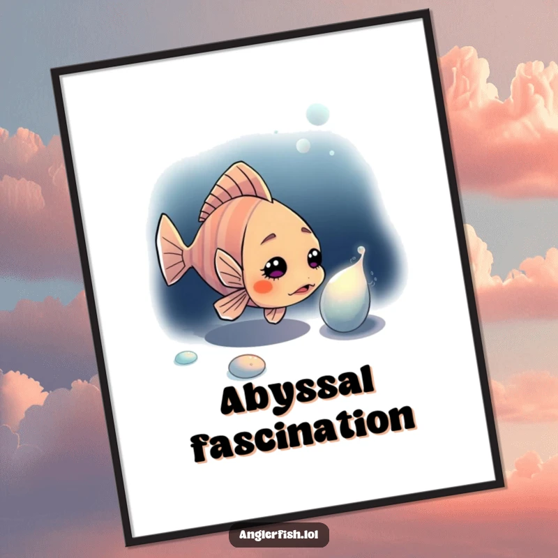 Funny angler art print of a curious anglerfish investigating a mysterious shimmering object in the dark ocean.