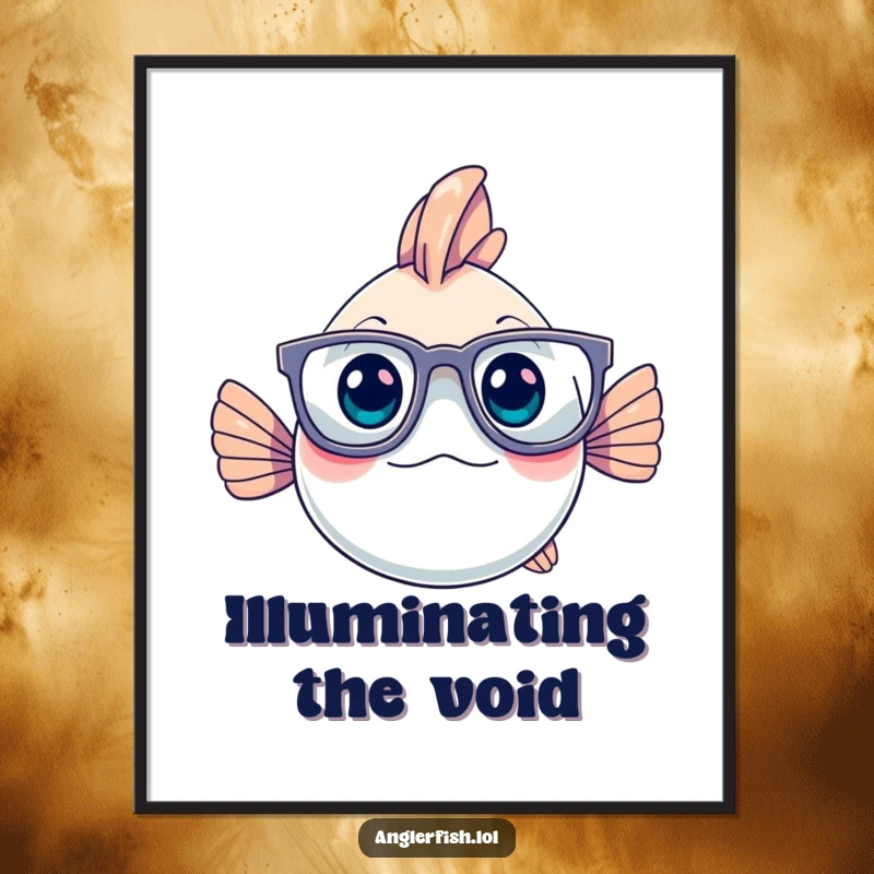 Funny anglerfish with oversized glasses, looking very thoughtful, as a digital art print for wall decor.