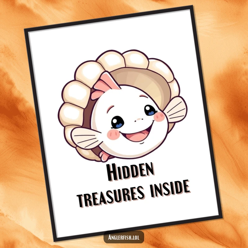 Funny anglerfish digital art print of a smiling creature playfully peeking from behind a seashell. Humorous and cute ocean-themed decor, instant funny gift.