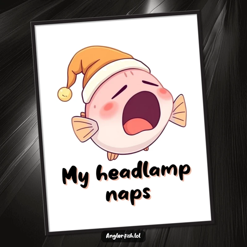 Funny Anglerfish Digital Art Print of a cute anglerfish yawning widely while wearing a glowing nightcap, perfect for humorous home decor.